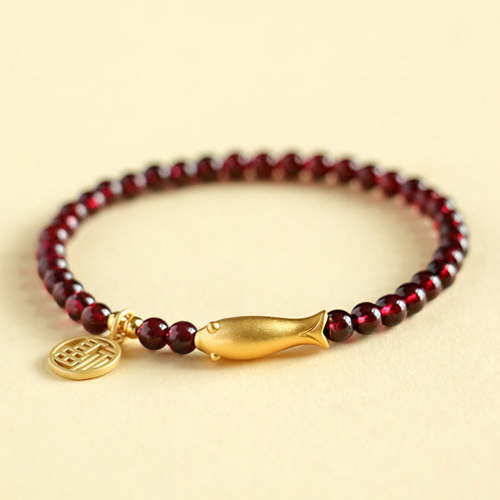 Buddha Stones Garnet 925 Sterling Silver Fish Fu Character Purification Bracelet