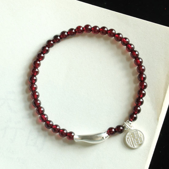 Buddha Stones Garnet 925 Sterling Silver Fish Fu Character Purification Bracelet