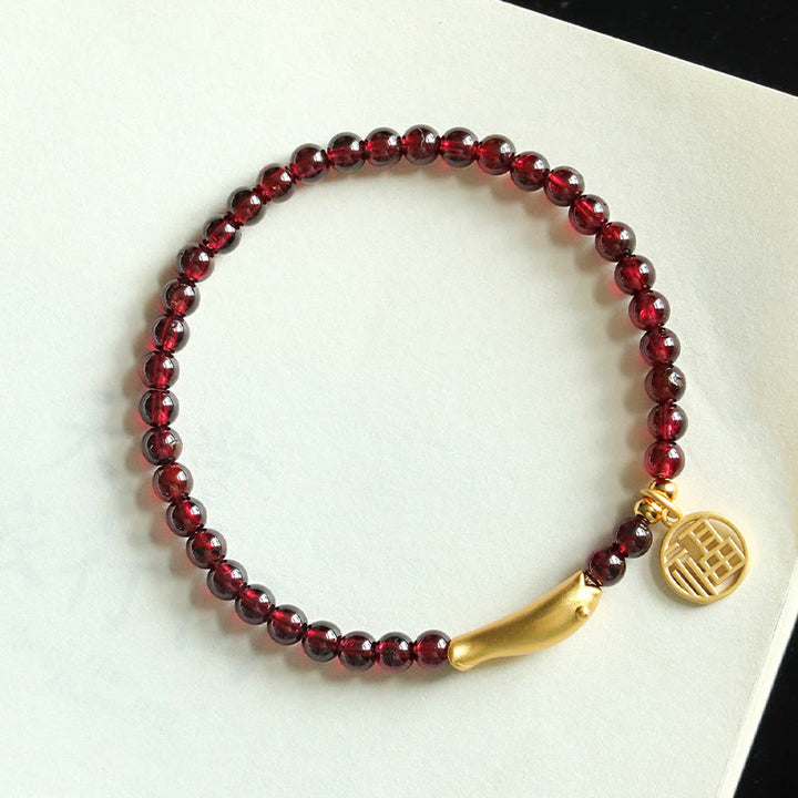 Buddha Stones Garnet 925 Sterling Silver Fish Fu Character Purification Bracelet