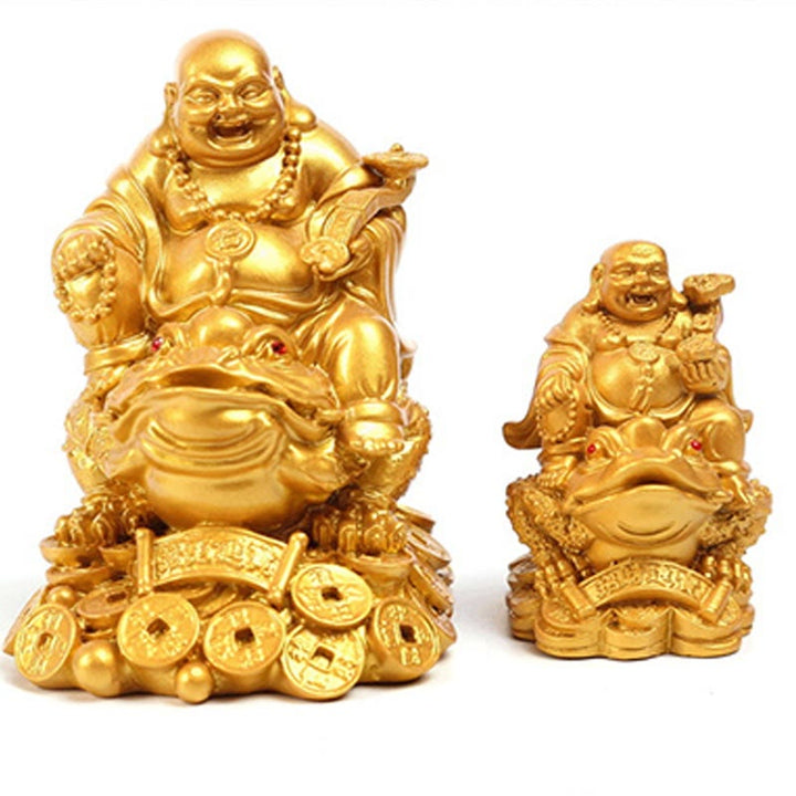 Buddha Stones Laughing Buddha Feng Shui Frog Toad Copper Coins Attract Wealth Resin Statue Home Decoration