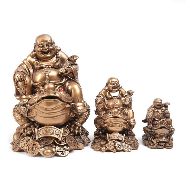 Buddha Stones Laughing Buddha Feng Shui Frog Toad Copper Coins Attract Wealth Resin Statue Home Decoration