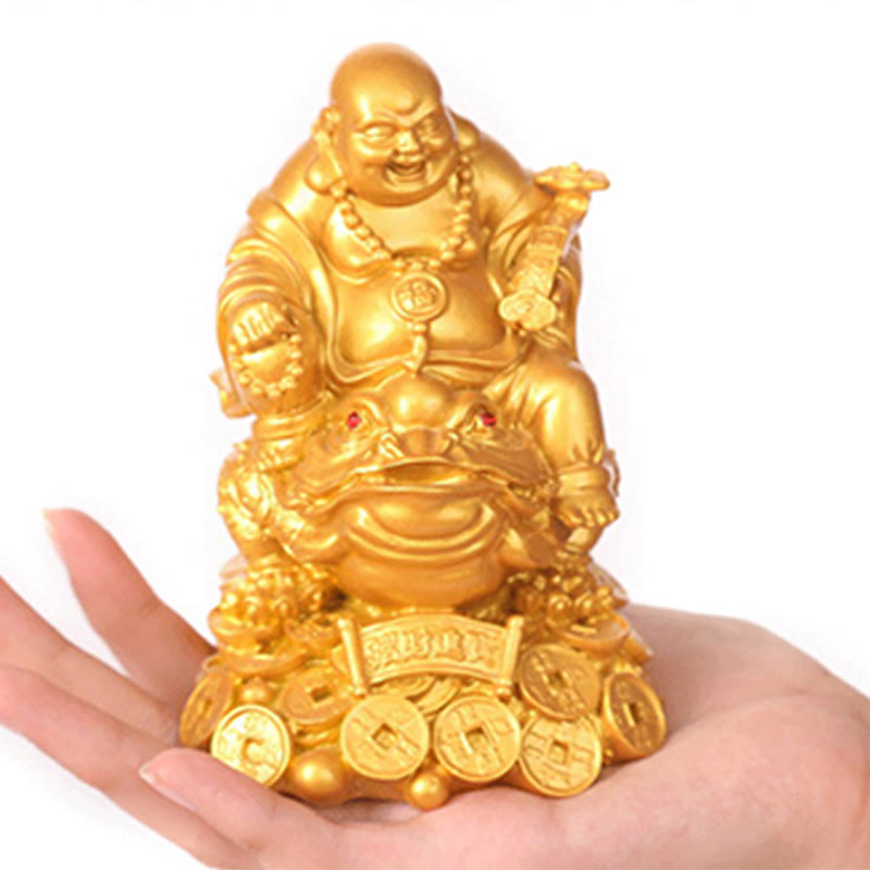 Buddha Stones Laughing Buddha Feng Shui Frog Toad Copper Coins Attract Wealth Resin Statue Home Decoration