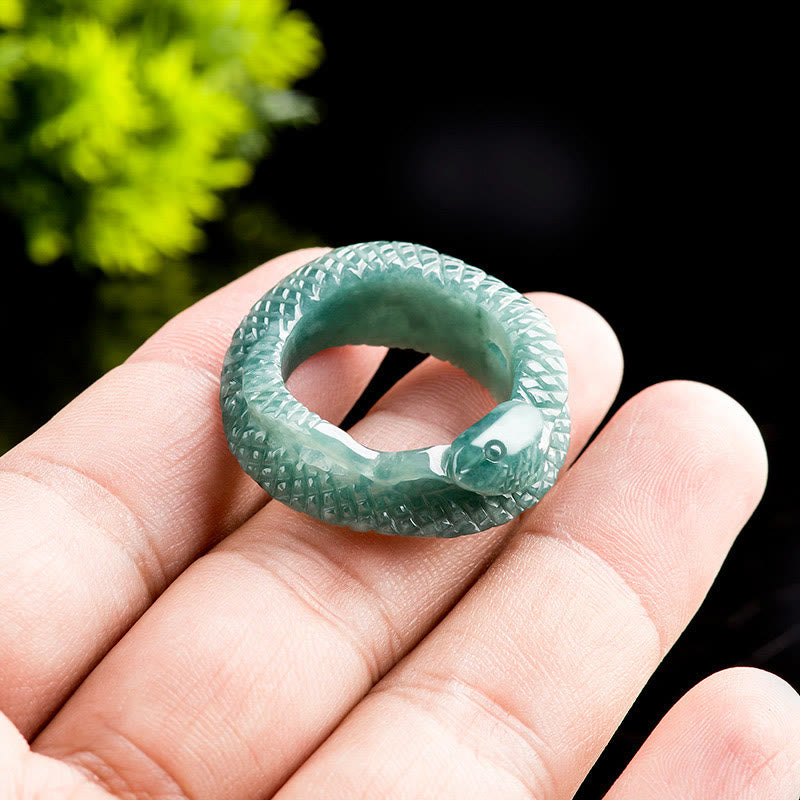 Buddha Stones Natural Jade Year Of The Snake Carving Prosperity Protection Ring