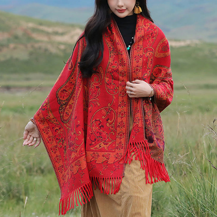 Buddha Stones Tibetan Cashew Flower Tassel Shawl Fall Winter Cozy Travel Scarf Wrap - Red - 180*65cm - image 9