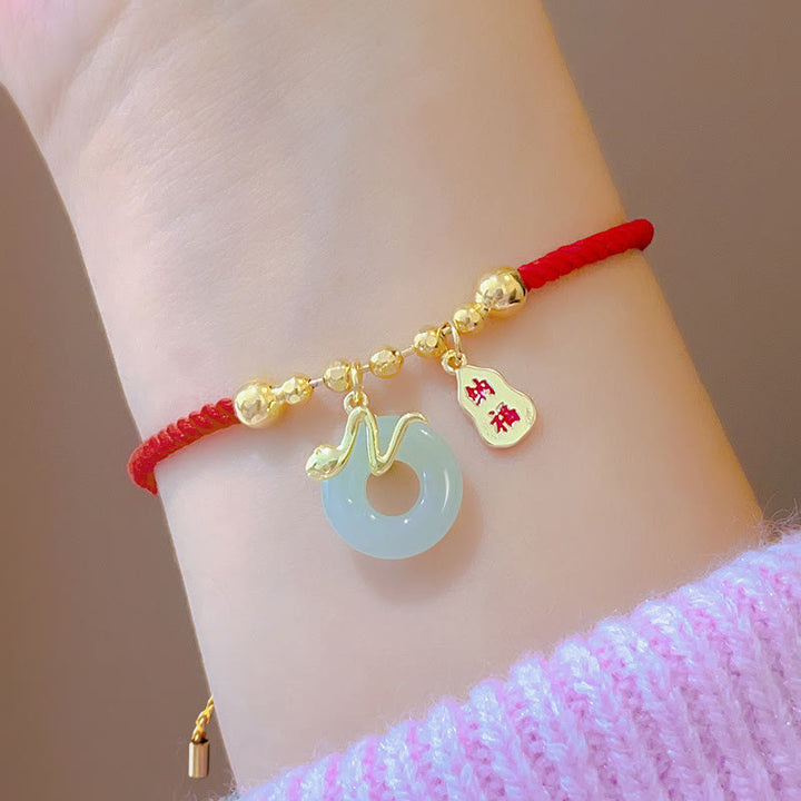 Buddha Stones Copper Plated Gold Peace Buckle Fu Character Year Of The Snake Red String Luck Bracelet