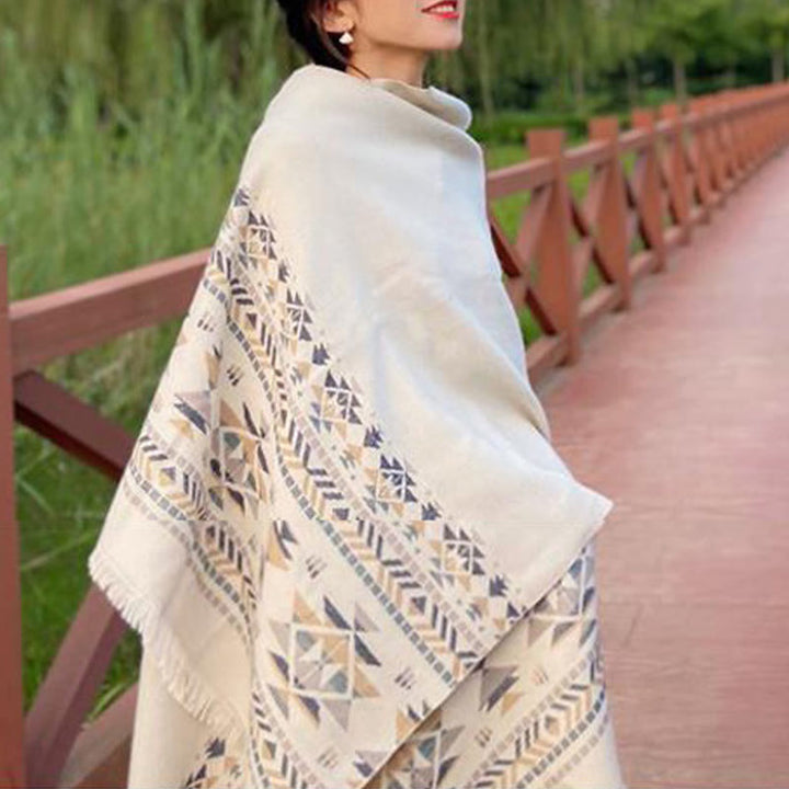 Buddha Stones Tibetan Beige Geometric Pattern Tassels Shawl Fall Winter Warm Scarf Wrap - image 8
