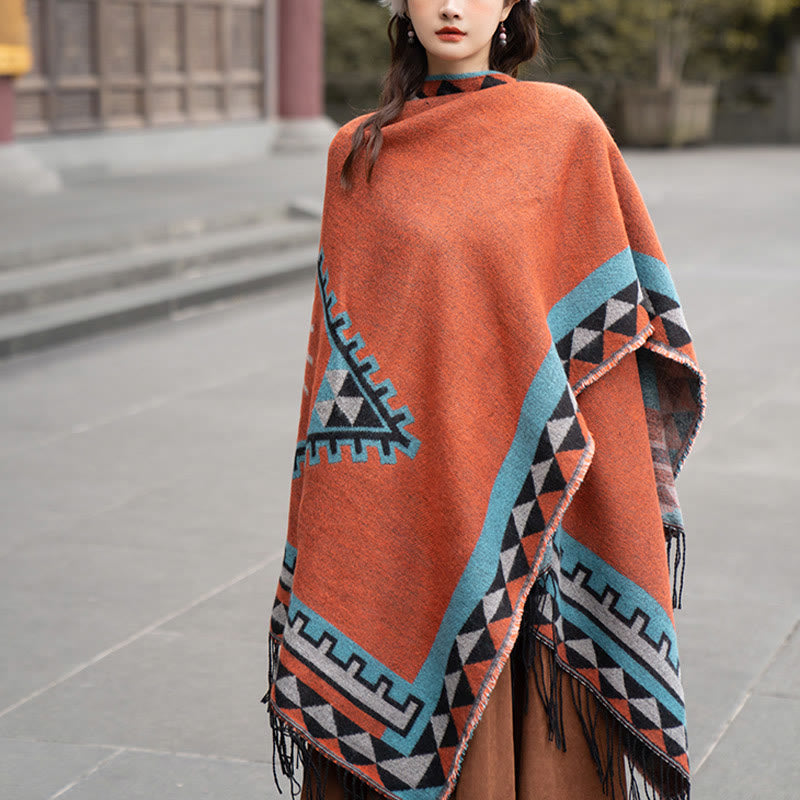 Buddha Stones Tibetan Orange Geometric Rhombus Pattern Tassels Shawl Fall Winter Warm Scarf Wrap - image 8