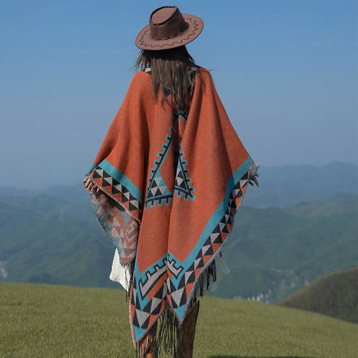 Buddha Stones Tibetan Orange Geometric Rhombus Pattern Tassels Shawl Fall Winter Warm Scarf Wrap