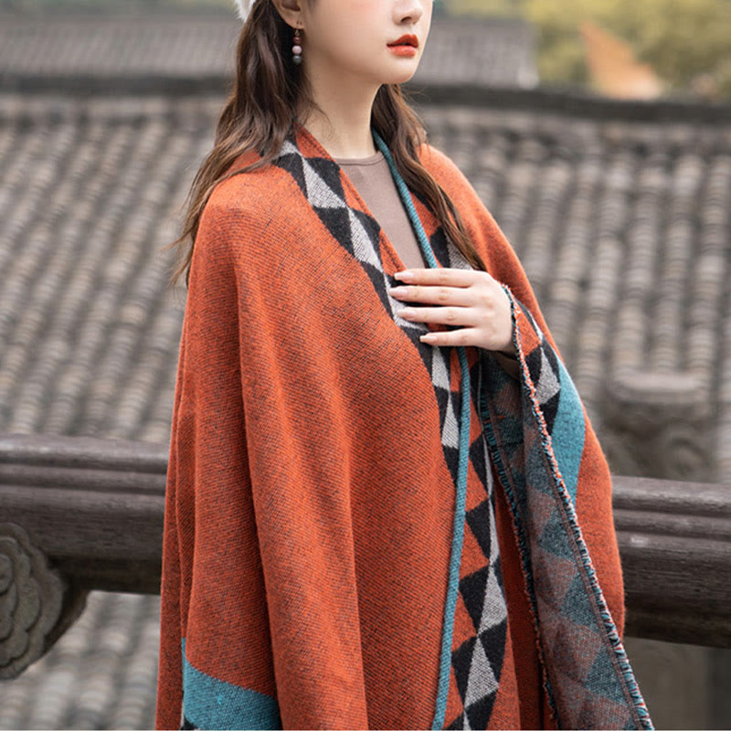 Buddha Stones Tibetan Orange Geometric Rhombus Pattern Tassels Shawl Fall Winter Warm Scarf Wrap