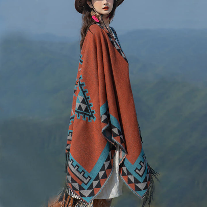 Buddha Stones Tibetan Orange Geometric Rhombus Pattern Tassels Shawl Fall Winter Warm Scarf Wrap - image 6