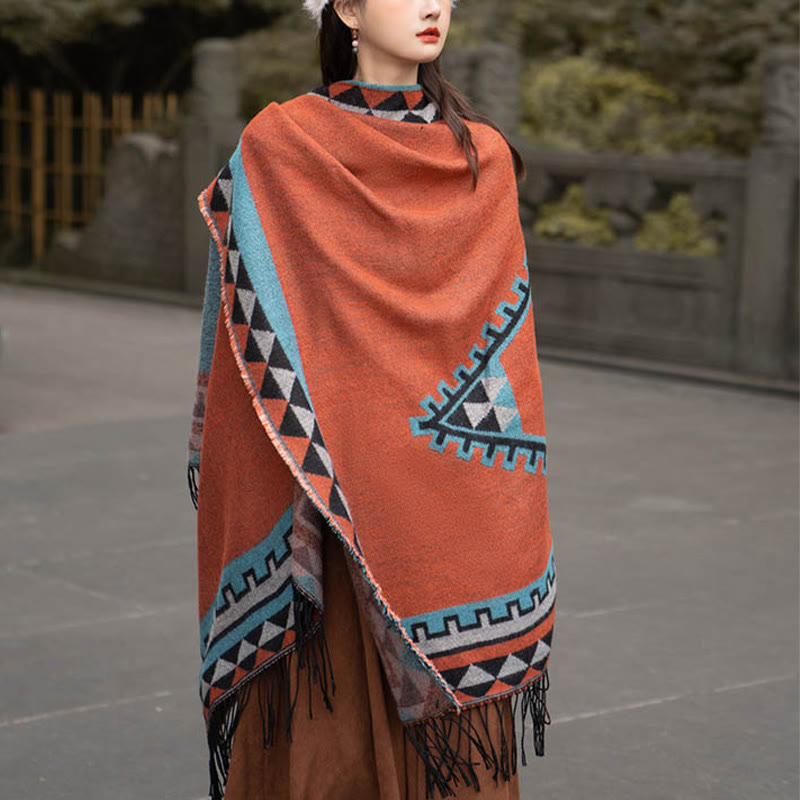 Buddha Stones Tibetan Orange Geometric Rhombus Pattern Tassels Shawl Fall Winter Warm Scarf Wrap - image 9