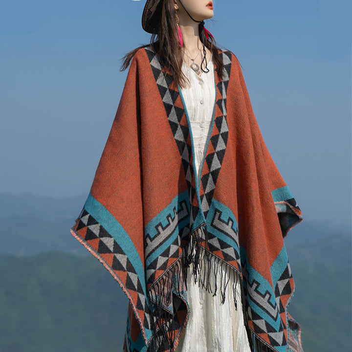 Buddha Stones Tibetan Orange Geometric Rhombus Pattern Tassels Shawl Fall Winter Warm Scarf Wrap