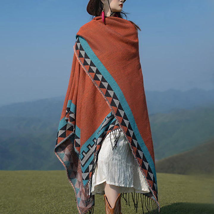 Buddha Stones Tibetan Orange Geometric Rhombus Pattern Tassels Shawl Fall Winter Warm Scarf Wrap - image 7