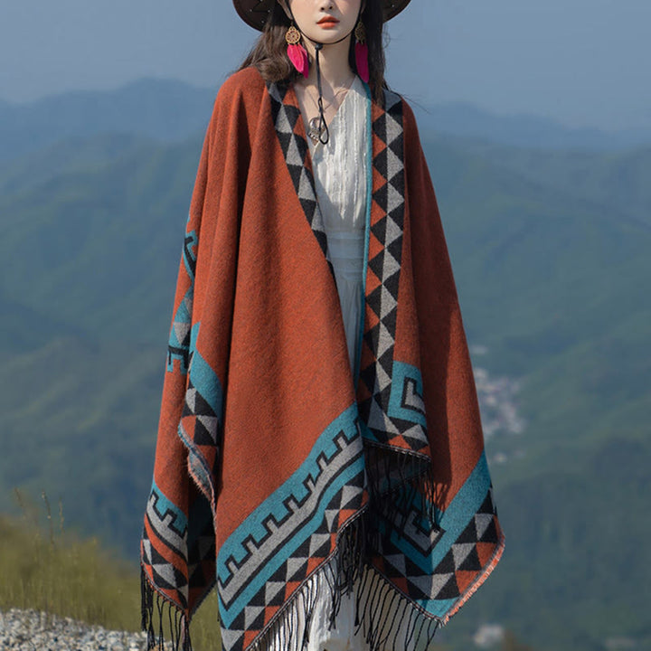 Buddha Stones Tibetan Orange Geometric Rhombus Pattern Tassels Shawl Fall Winter Warm Scarf Wrap