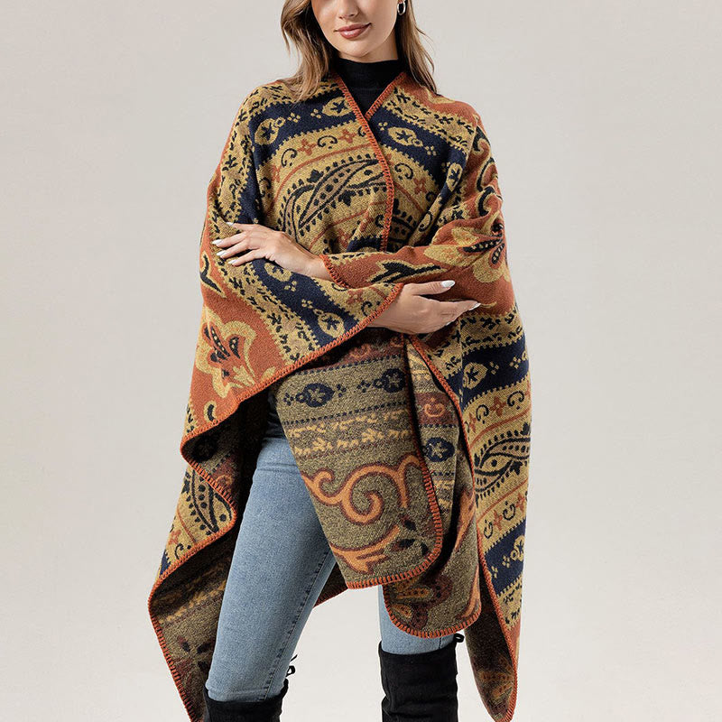 Buddha Stones Tibetan Geometric Horizontal Stripe Flowers Pattern Shawl Fall Winter Warm Soft Scarf Wrap - Orange Khaki 160*135cm - image 20