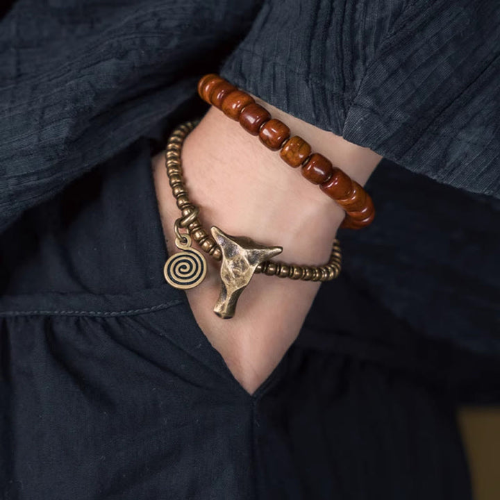 Buddha Stones Yak Bone Copper Yak Head Cone Pendant Double Wrap Strength Bracelet