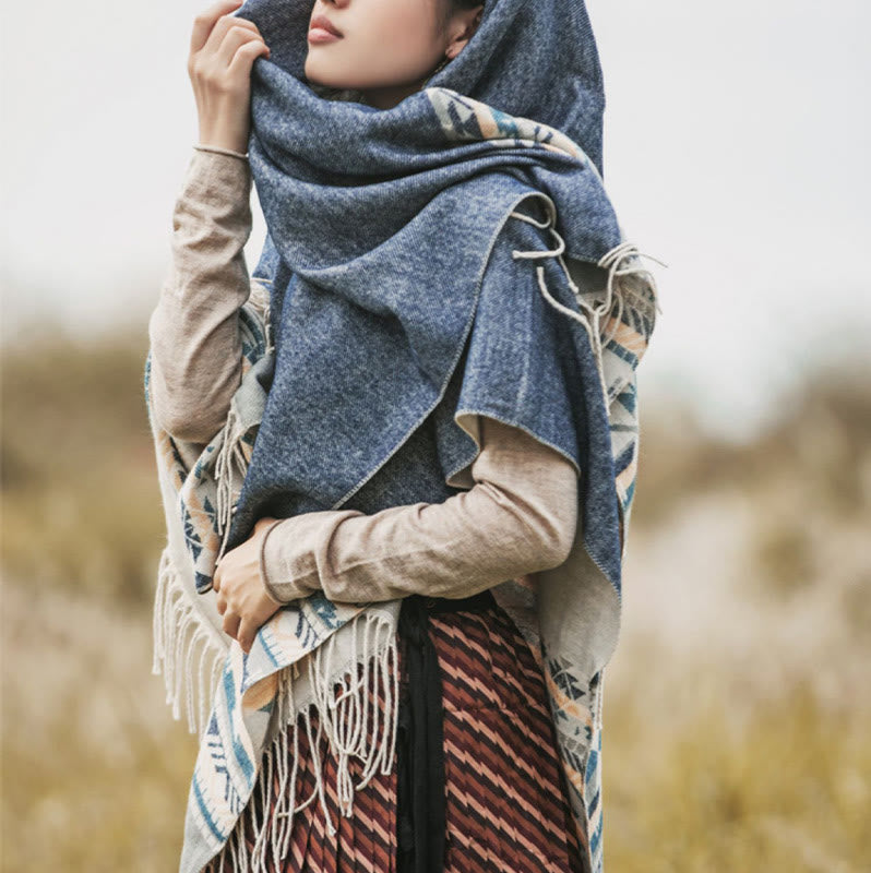 Buddha Stones Tibetan Geometric Rhombus Pattern Tassels Shawl Fall Winter Warm Cozy Scarf Wrap - image 10