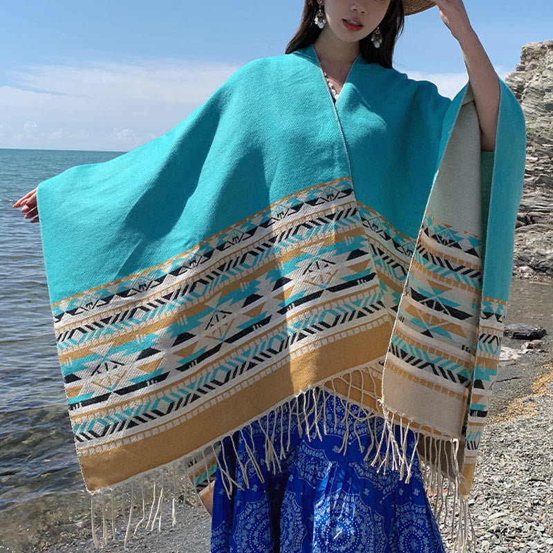 Buddha Stones Tibetan Geometric Rhombus Pattern Tassels Shawl Fall Winter Warm Cozy Scarf Wrap - Aqua - 130*150cm - image 24