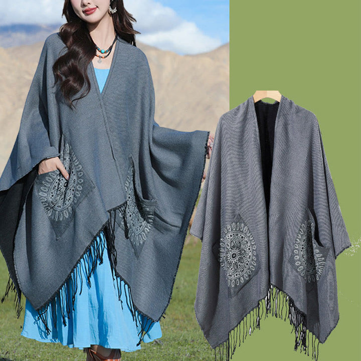 Buddha Stones Tibetan Geometric Round Mandala Pattern Tassels Shawl Fall Winter Cozy Scarf Wrap With Pockets - image 19