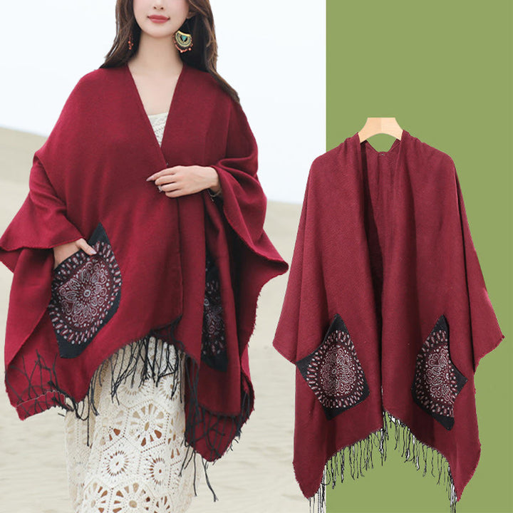 Buddha Stones Tibetan Geometric Round Mandala Pattern Tassels Shawl Fall Winter Cozy Scarf Wrap With Pockets - image 26