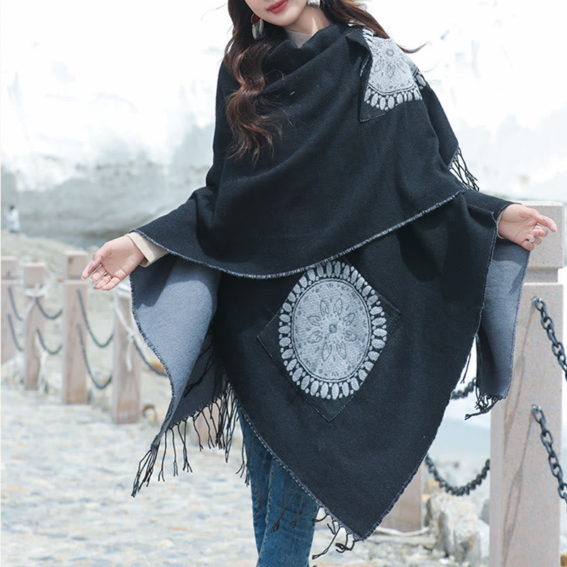 Buddha Stones Tibetan Geometric Round Mandala Pattern Tassels Shawl Fall Winter Cozy Scarf Wrap With Pockets - image 11