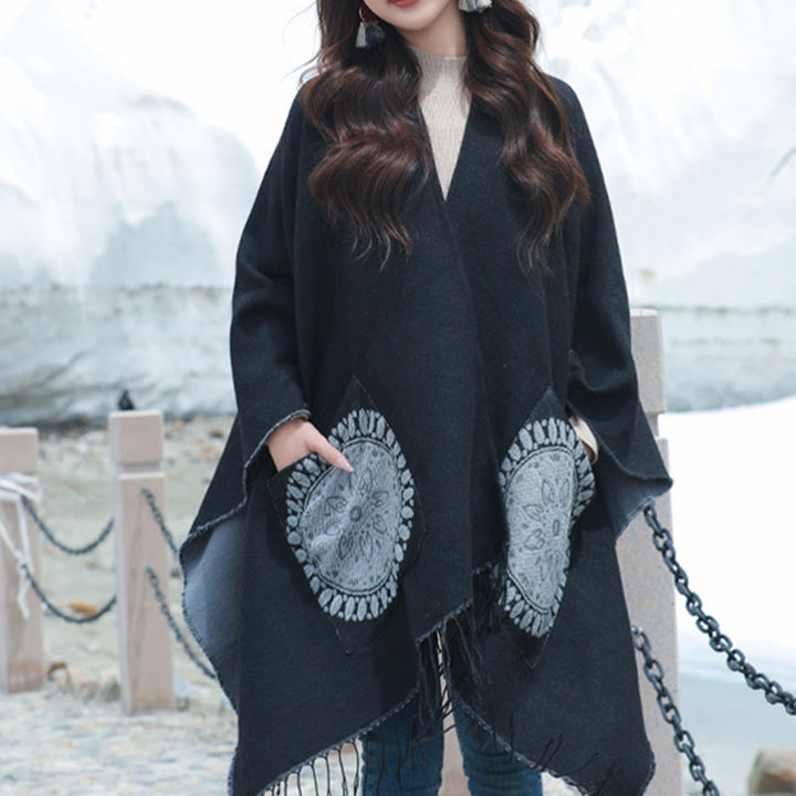 Buddha Stones Tibetan Geometric Round Mandala Pattern Tassels Shawl Fall Winter Cozy Scarf Wrap With Pockets - Black - 140*155cm - image 6