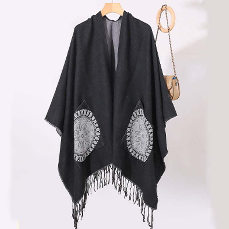 Buddha Stones Tibetan Geometric Round Mandala Pattern Tassels Shawl Fall Winter Cozy Scarf Wrap With Pockets - image 12