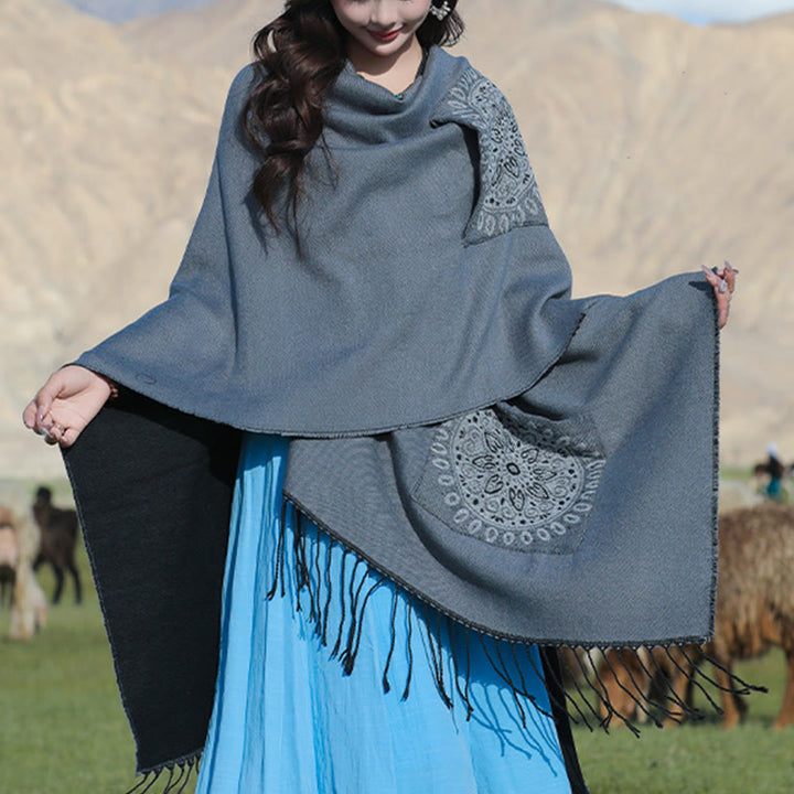 Buddha Stones Tibetan Geometric Round Mandala Pattern Tassels Shawl Fall Winter Cozy Scarf Wrap With Pockets - image 15