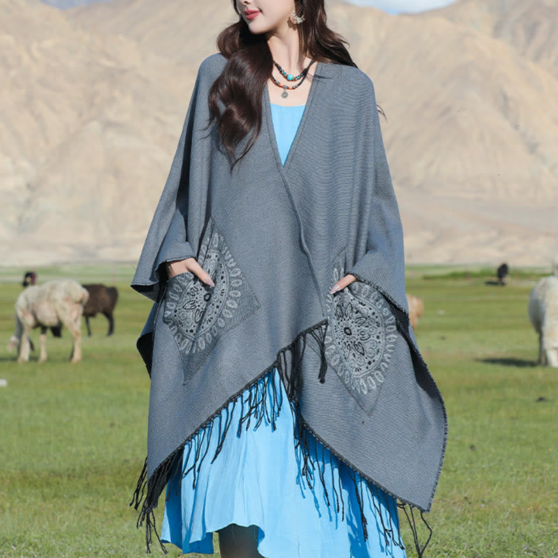 Buddha Stones Tibetan Geometric Round Mandala Pattern Tassels Shawl Fall Winter Cozy Scarf Wrap With Pockets - Gray - 140*155cm - image 14