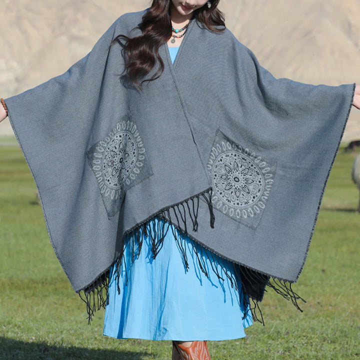 Buddha Stones Tibetan Geometric Round Mandala Pattern Tassels Shawl Fall Winter Cozy Scarf Wrap With Pockets - image 18