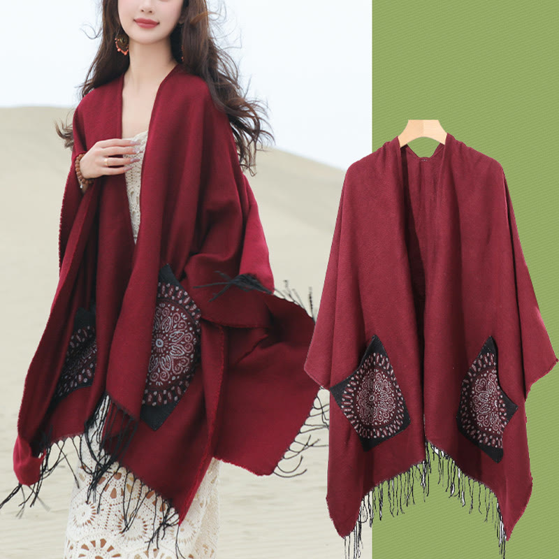 Buddha Stones Tibetan Geometric Round Mandala Pattern Tassels Shawl Fall Winter Cozy Scarf Wrap With Pockets - image 25