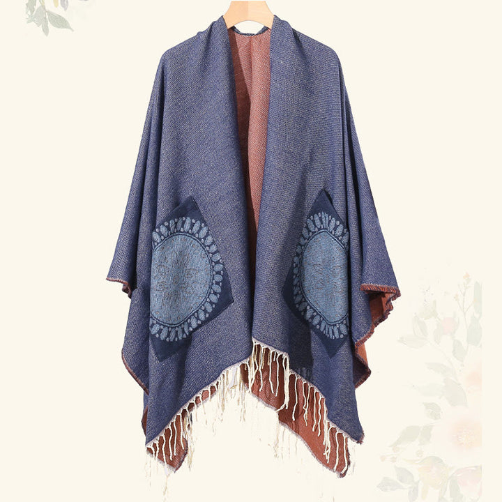 Buddha Stones Tibetan Geometric Round Mandala Pattern Tassels Shawl Fall Winter Cozy Scarf Wrap With Pockets - image 21