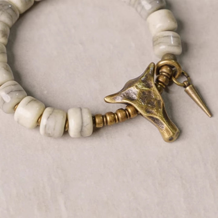 Buddha Stones White Yak Bone Copper Yak Head Cone Pendant Balance Bracelet