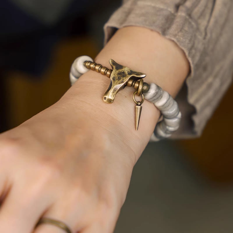 Buddha Stones White Yak Bone Copper Yak Head Cone Pendant Balance Bracelet