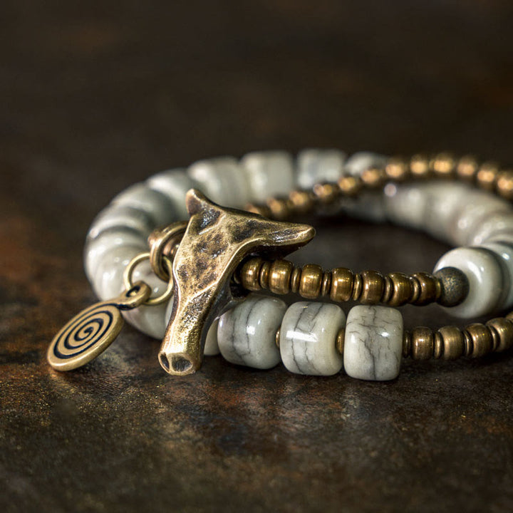 Buddha Stones White Yak Bone Copper Yak Head Double Wrap Balance Bracelet