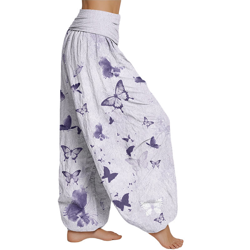 Buddha Stones Casual Butterfly Ink Painting Women's Elastic Waist Harem Pants