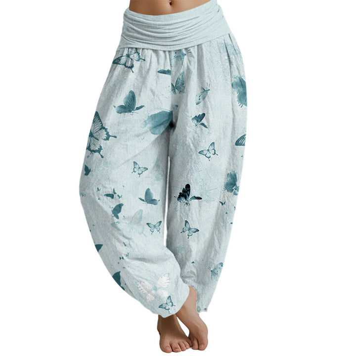 Buddha Stones Casual Butterfly Ink Painting Women's Elastic Waist Harem Pants