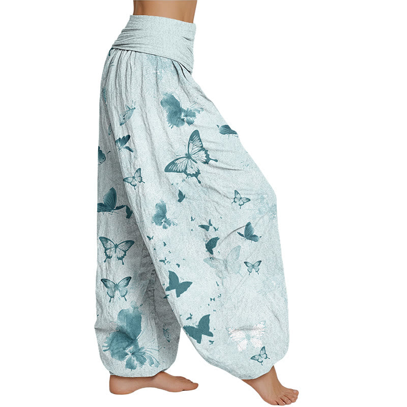 Buddha Stones Casual Butterfly Ink Painting Women's Elastic Waist Harem Pants