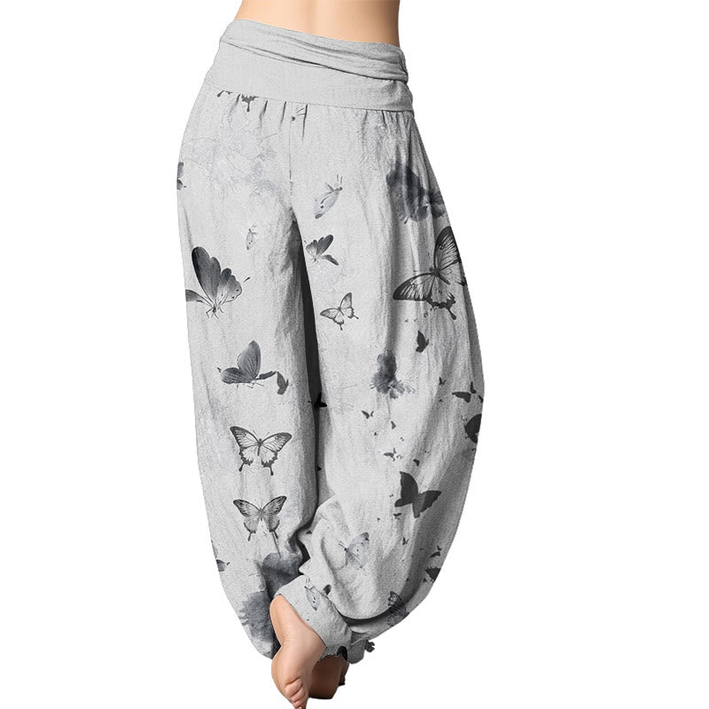 Buddha Stones Casual Butterfly Ink Painting Women's Elastic Waist Harem Pants