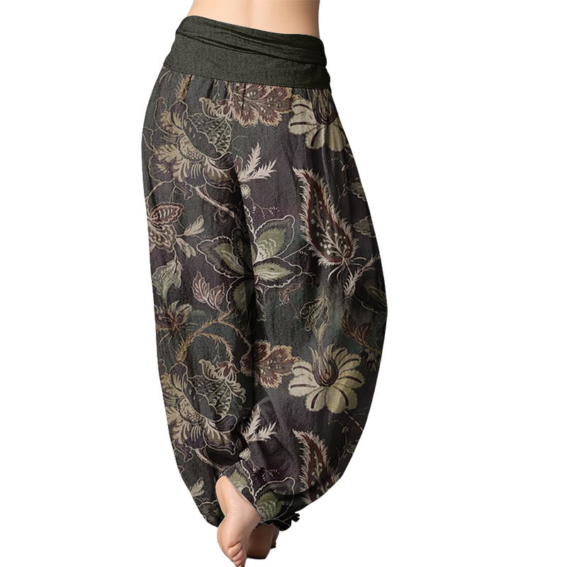 Buddha Stones Casual Floral Leaves Women's Elastic Waist Harem Pants