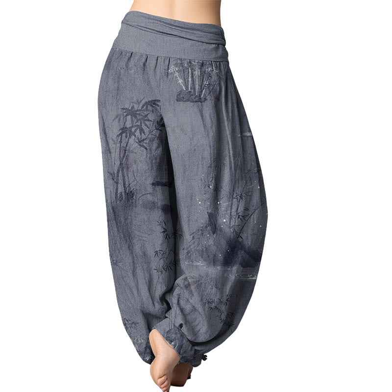 Buddha Stones Casual Bamboo Rock Ink Painting Women's Elastic Waist Harem Pants