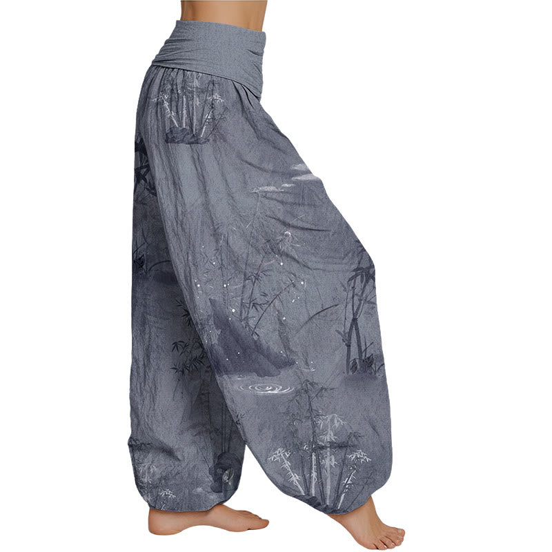 Buddha Stones Casual Bamboo Rock Ink Painting Women's Elastic Waist Harem Pants