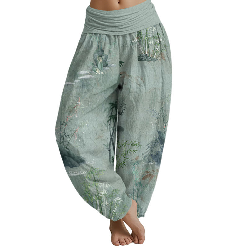 Buddha Stones Casual Bamboo Rock Ink Painting Women's Elastic Waist Harem Pants