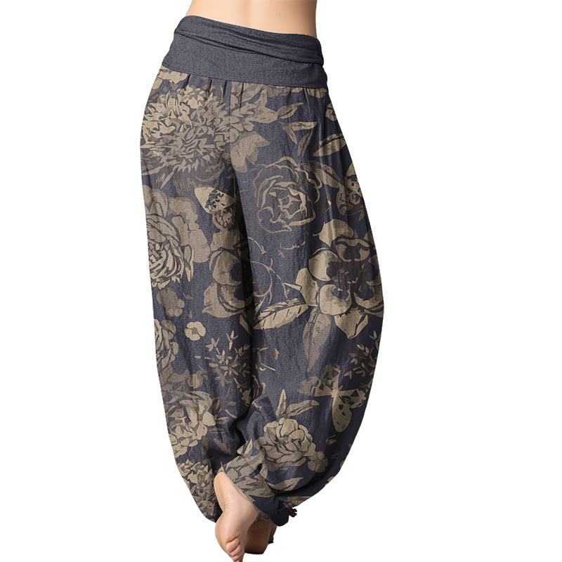 Buddha Stones Casual Peony Flowers Leaves Women's Elastic Waist Harem Pants