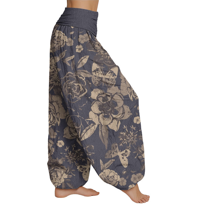 Buddha Stones Casual Peony Flowers Leaves Women's Elastic Waist Harem Pants