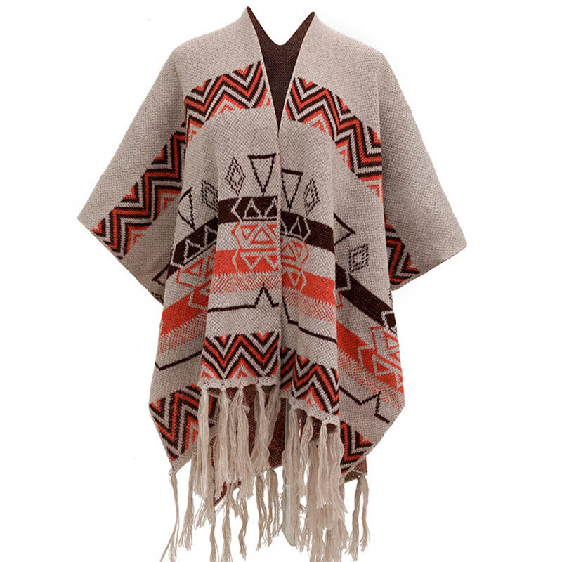 Buddha Stones Tibetan Wave Stripe Geometry Tassels Shawl Fall Winter Cozy Scarf Wrap - BurlyWood - 90*140cm - image 22