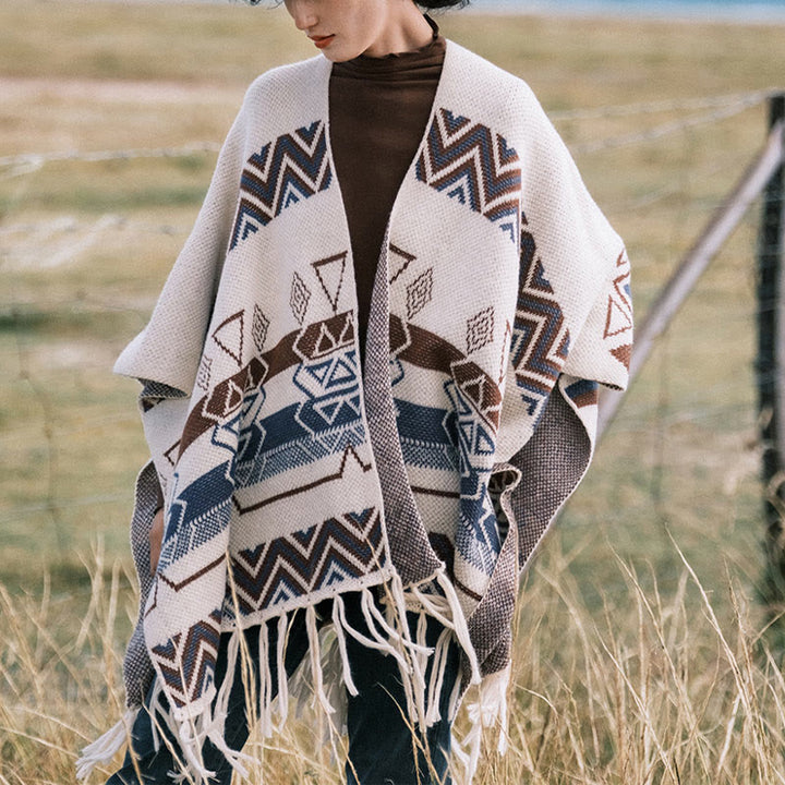 Buddha Stones Tibetan Wave Stripe Geometry Tassels Shawl Fall Winter Cozy Scarf Wrap - image 1