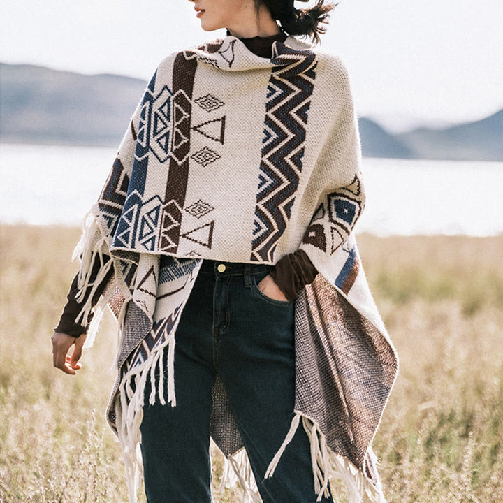 Buddha Stones Tibetan Wave Stripe Geometry Tassels Shawl Fall Winter Cozy Scarf Wrap - Linen - 90*140cm - image 0