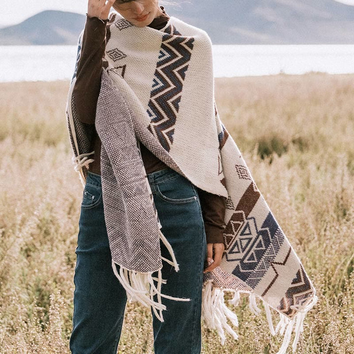 Buddha Stones Tibetan Wave Stripe Geometry Tassels Shawl Fall Winter Cozy Scarf Wrap - image 11