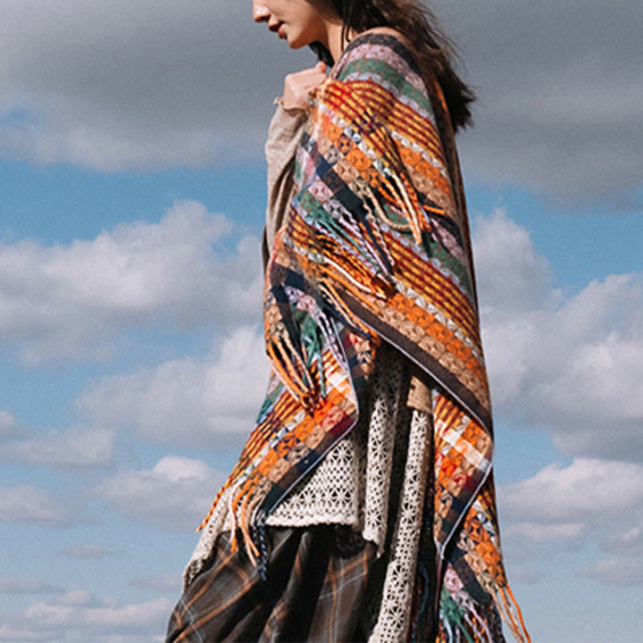 Buddha Stones Tibetan Colorful Stripe Geometry Tassels Shawl Fall Winter Soft Scarf Wrap - image 7